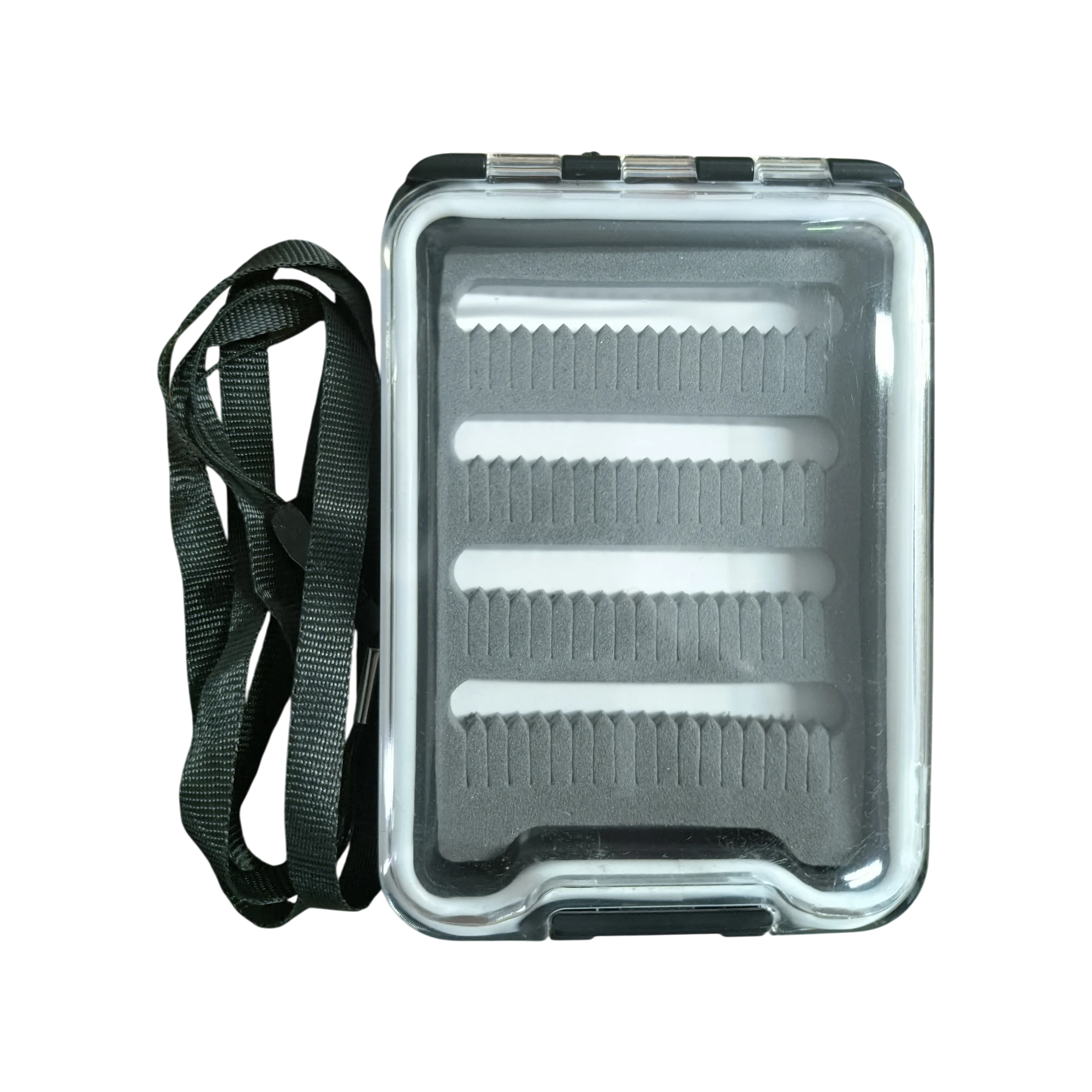Waterproof gasket-sealed slit foam fly box with lanyard